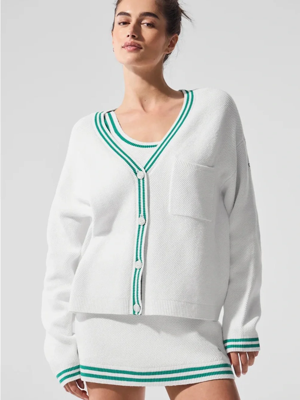 Alo White Tennis Dress and sweater with Green Stripe Trim